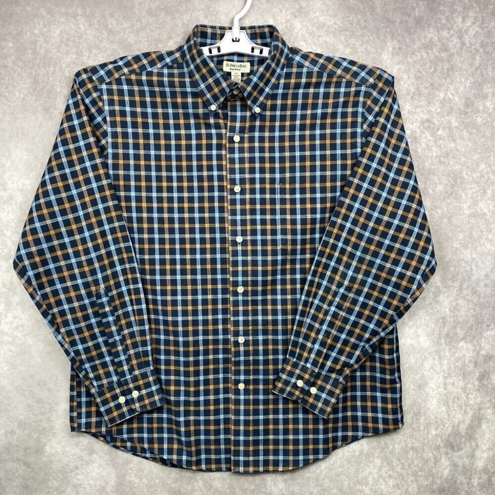 ST. John's Bay Iron Free Button Down Shirt Mens Large Blue Plaid Long Sleeve